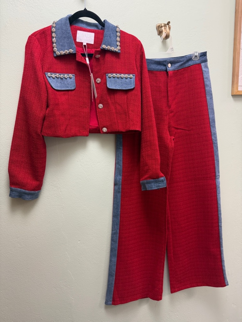 Women's Red Wide Leg Pants & Jacket Set with Contrast Trim